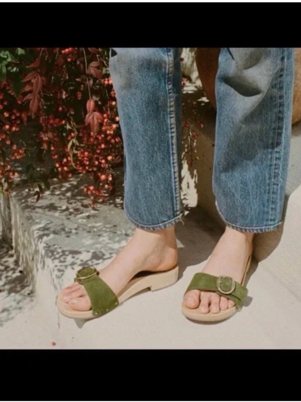 Doen Mercata Wooden Clog Buckle Slide in Olive Suede